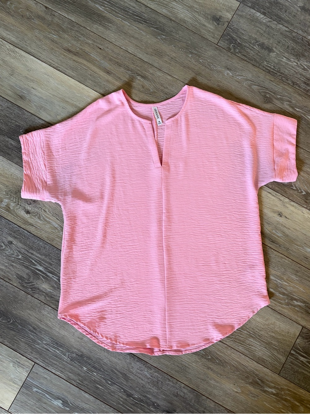Zenana Woven Airflow Split Neck Short Sleeve Top - Picture 4 of 11